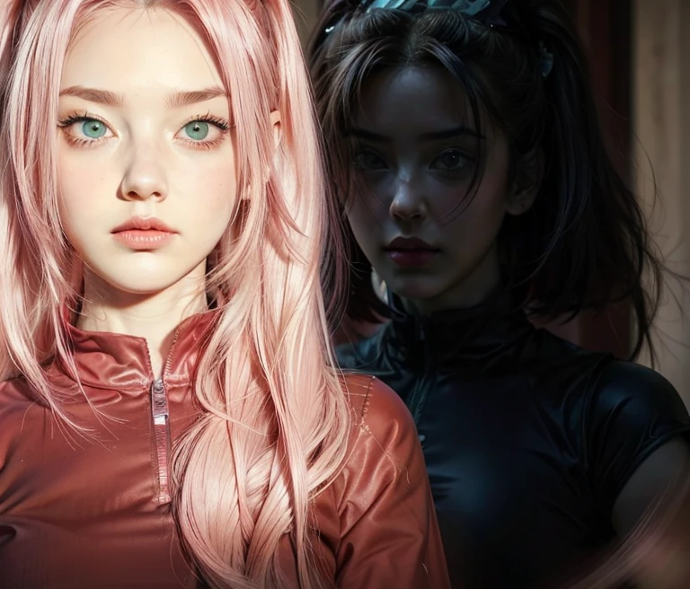young woman, bubblegum pink hair tied in a bun, wide forehead, porcelain skin, pink eyebrows, emerald green eyes, upturned nose, thick pink lips, heart-shaped face, dark red clothes, Sakura Haruno, realism, well detailed, 3d