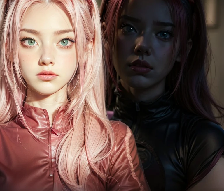 young woman, bubblegum pink hair tied in a bun, wide forehead, porcelain skin, pink eyebrows, emerald green eyes, upturned nose, thick pink lips, heart-shaped face, dark red clothes, Sakura Haruno, realism, well detailed, 3d