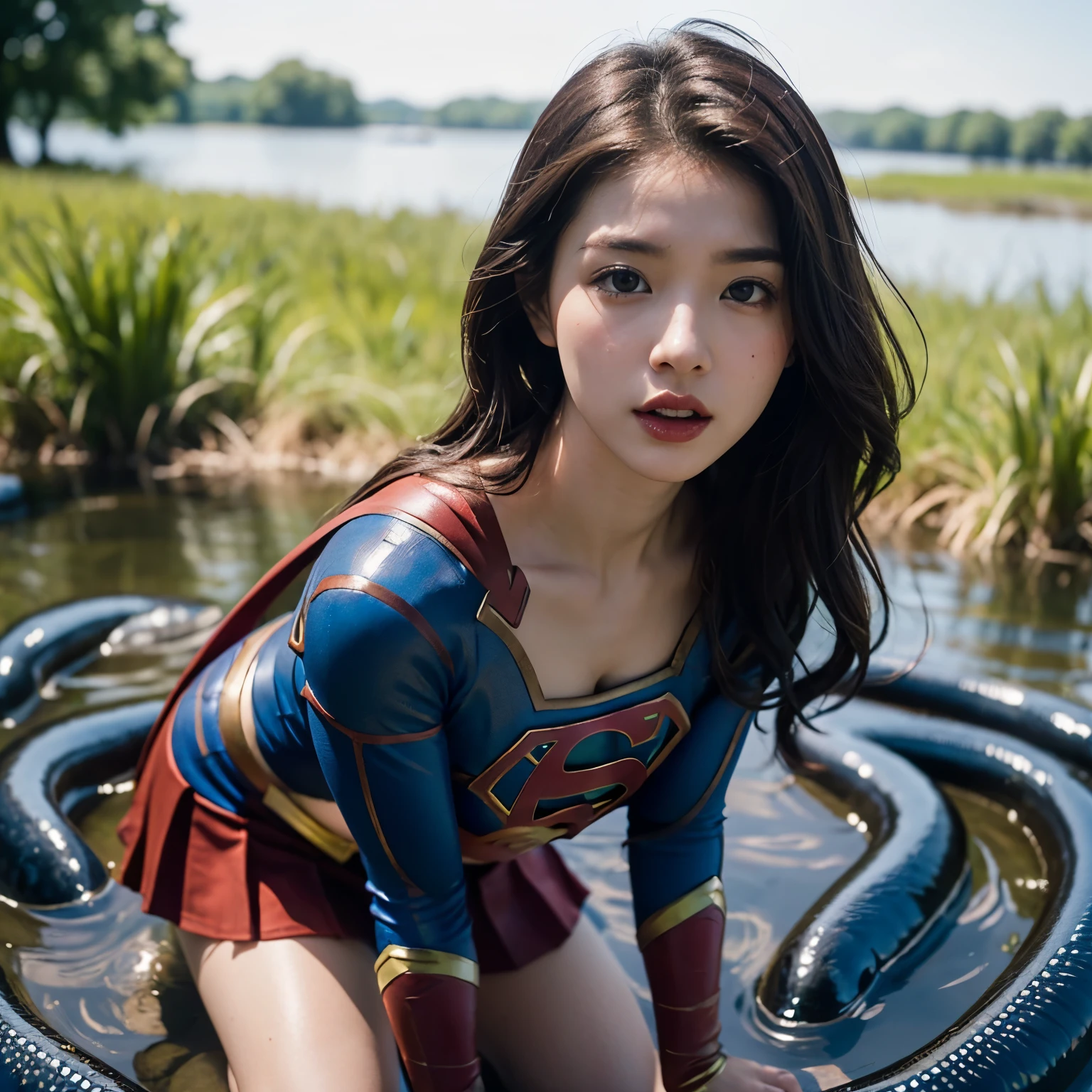 Beautiful Supergirl portrait、(Accurate Supergirl costume:1.3)、Glaring at the enemy、Open your mouth、Thigh、(Emphasize large breasts:1.3)、Studio shot、White background、Sunlight、front、Swamp、(Countless slugs crawling on my body:1,6)、(Slugs in the mouth:1.6)、