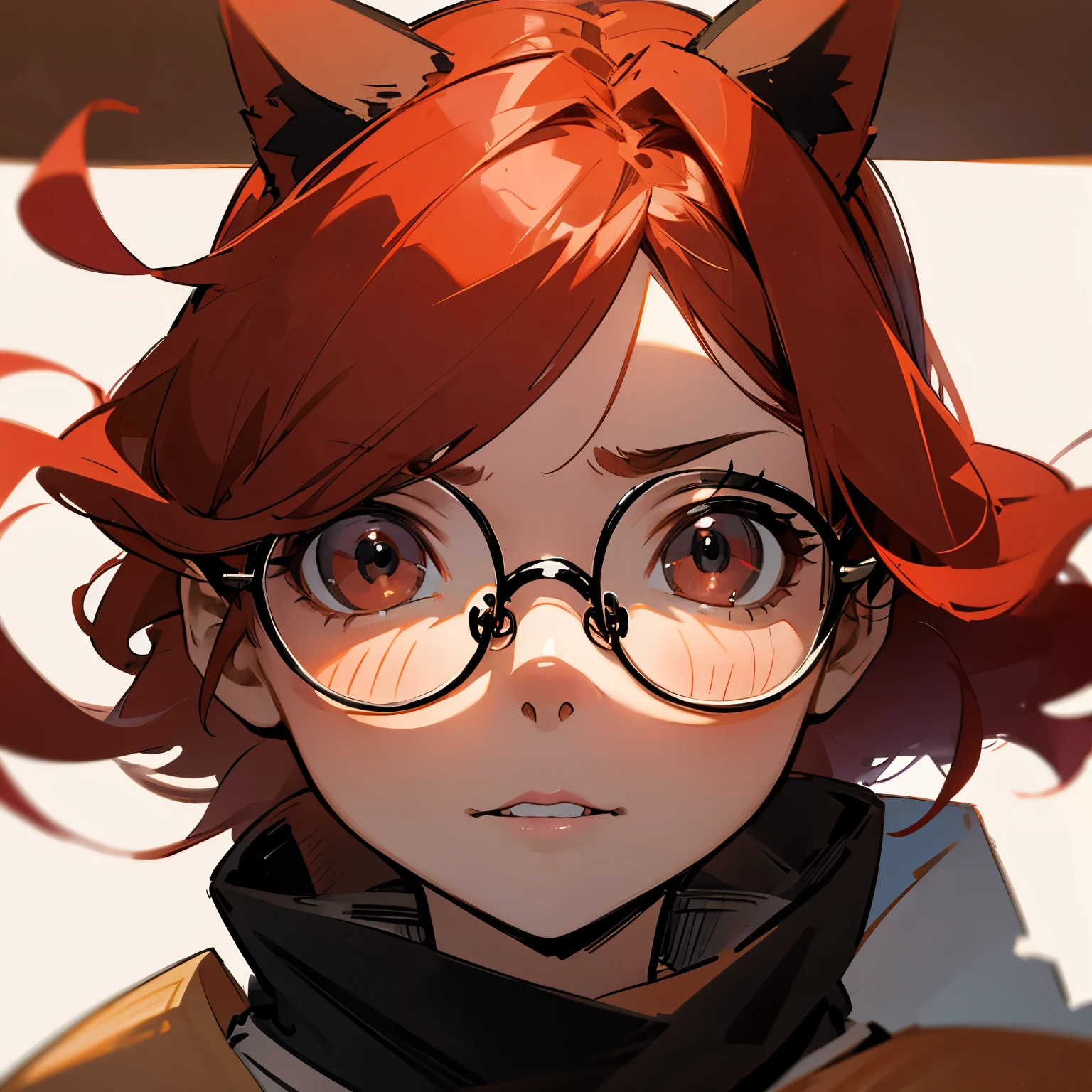 girl with wavy red hair, with round black glasses and black eyes holding a calico cat
