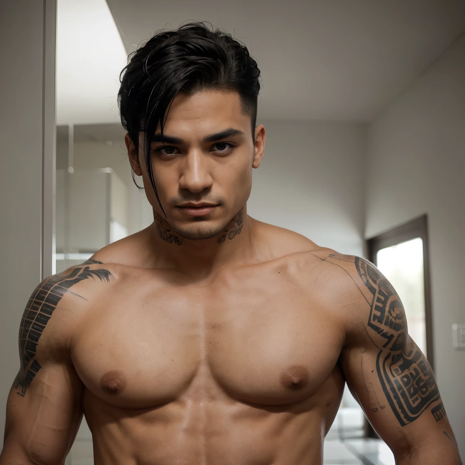 Chico guapo, alto, with a marked jaw gray eyes black hair, muscular but not that much, con tatuajes en los brazos 