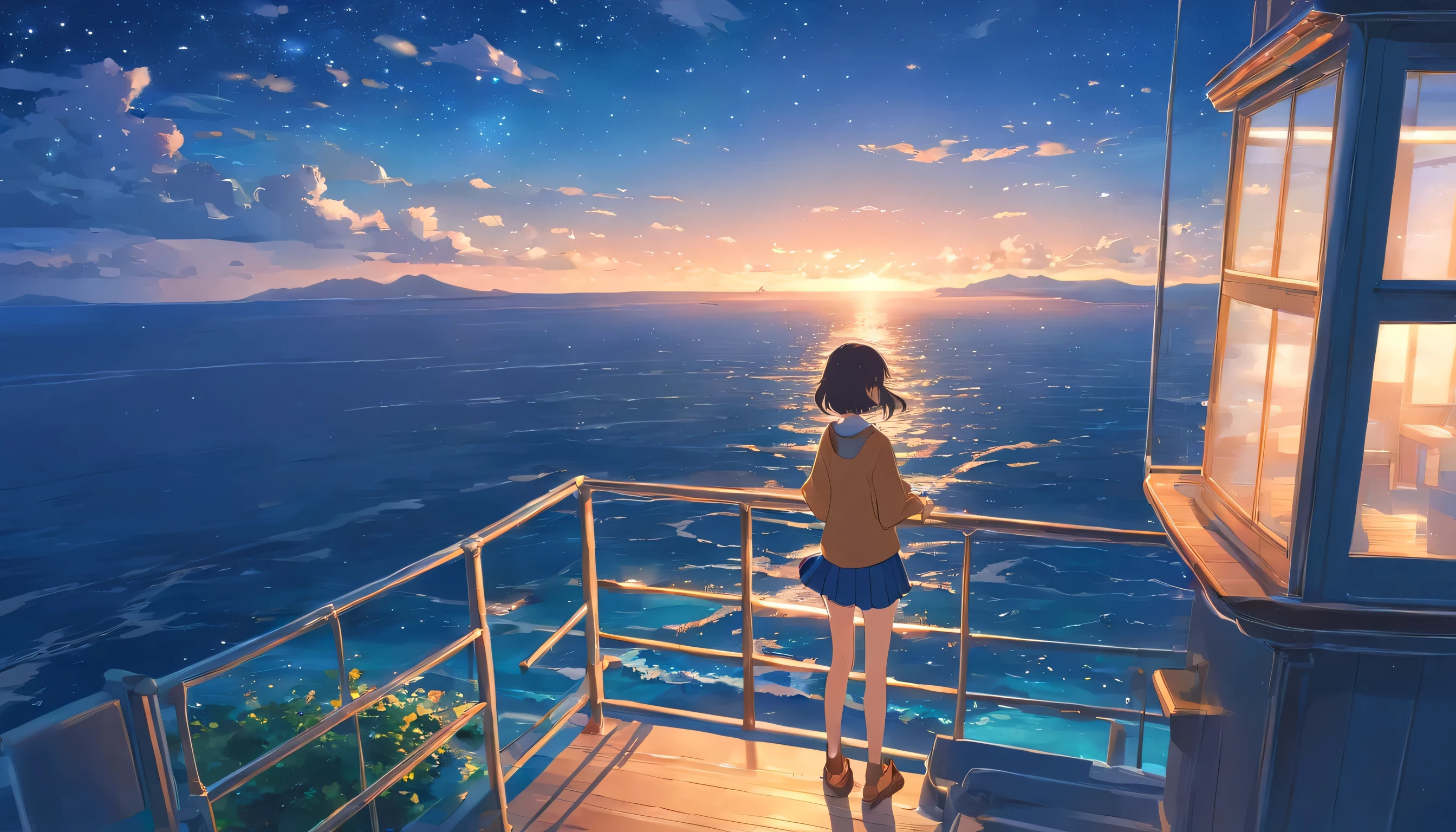 View of the ocean from high up in the lighthouse,The sky is full of stars,Someone is drowning in the sea,Sea of night,I can see the universe,Seagulls fly around,A girl is looking at the sea,short hair,mini skirt,Side Shot