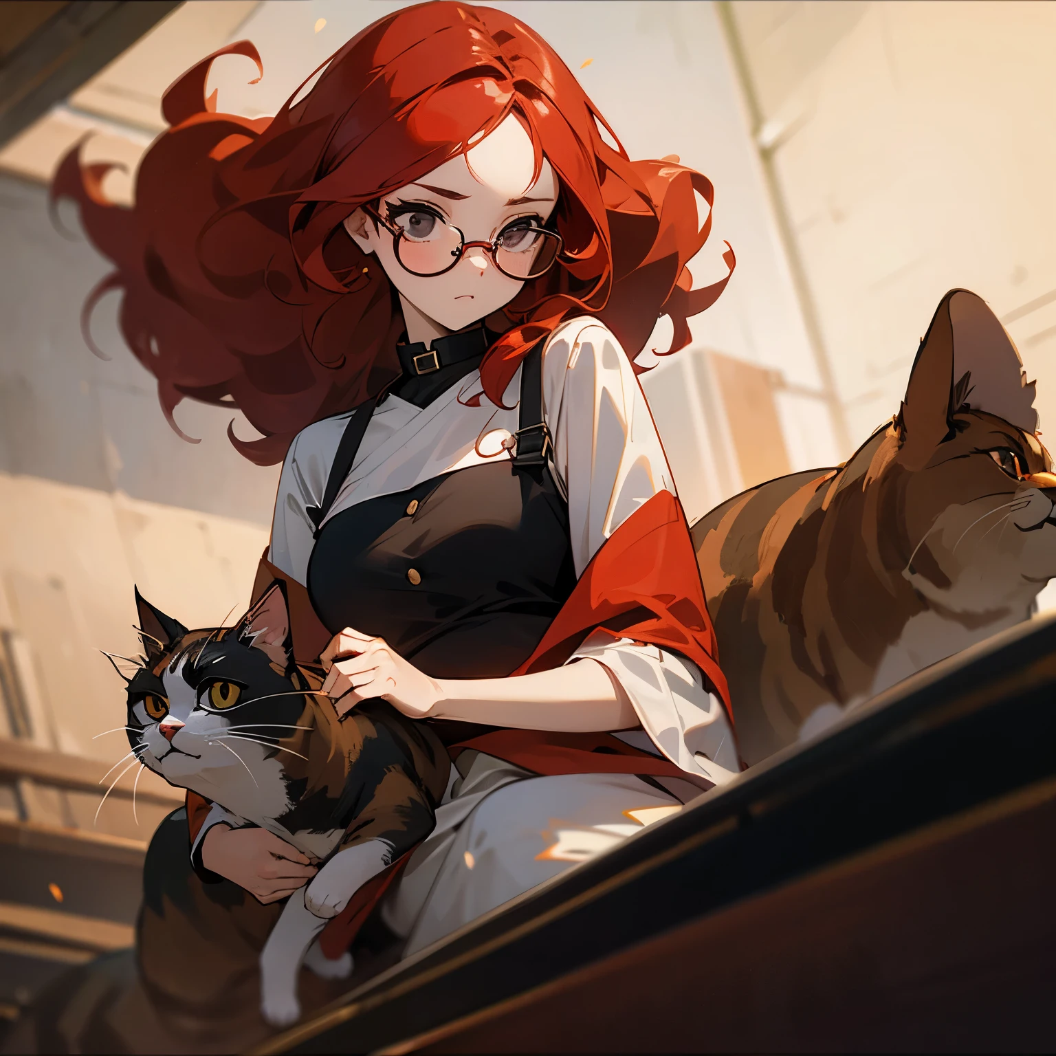 girl with wavy red hair, with round black glasses and black eyes holding a calico cat