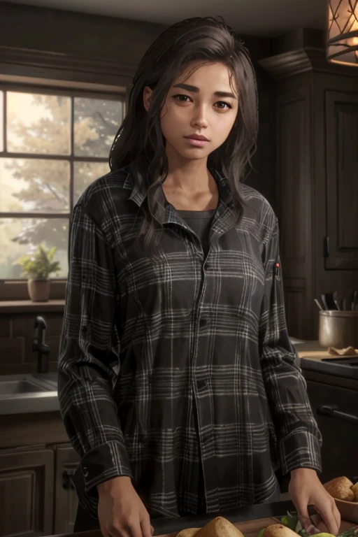 (chef-d'artwork, best quality)
1fille, FreyThe predicted, peau sombre, Seulement, cheveux longs, plaid chemise, cheveux bruns, chemise, Realistic, plaid, lips, arbre
