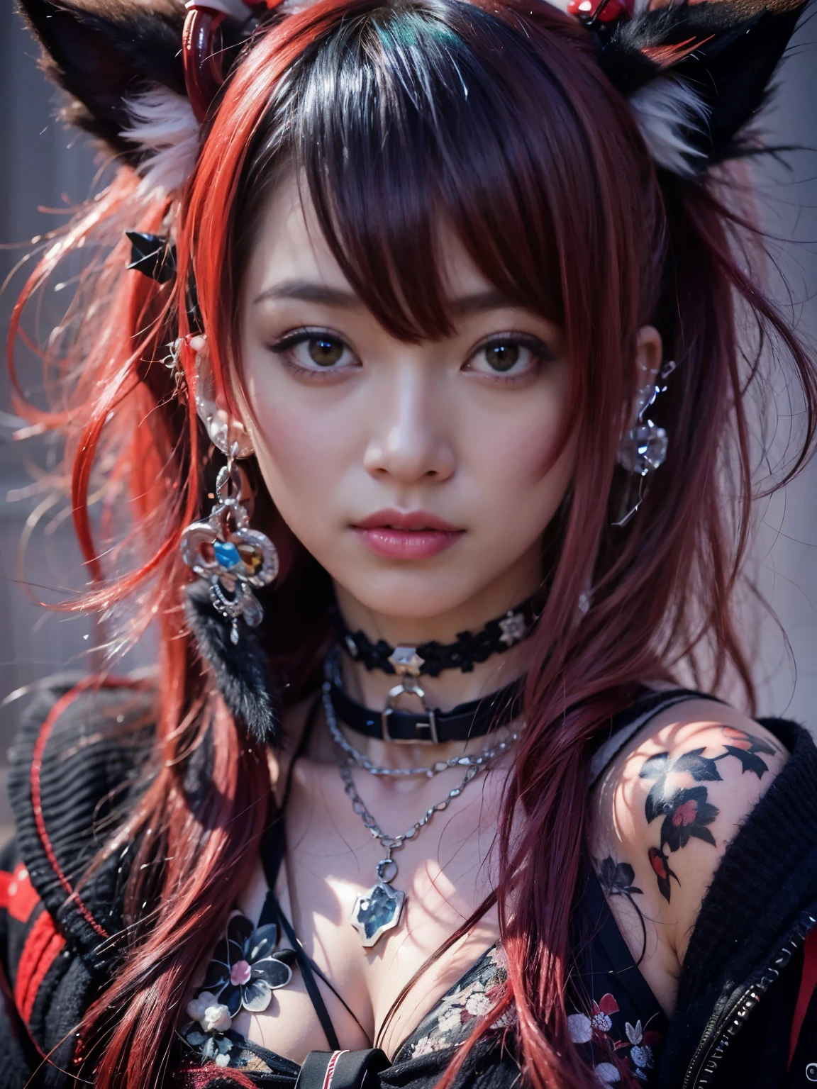 Japanese women、 Neon red hair, Moonlight Eyes, Fox Ears, Tattoo sleeves and piercings、 Harajuku-style hip hop fashion, Cinematic lighting, Harajuku as background, 