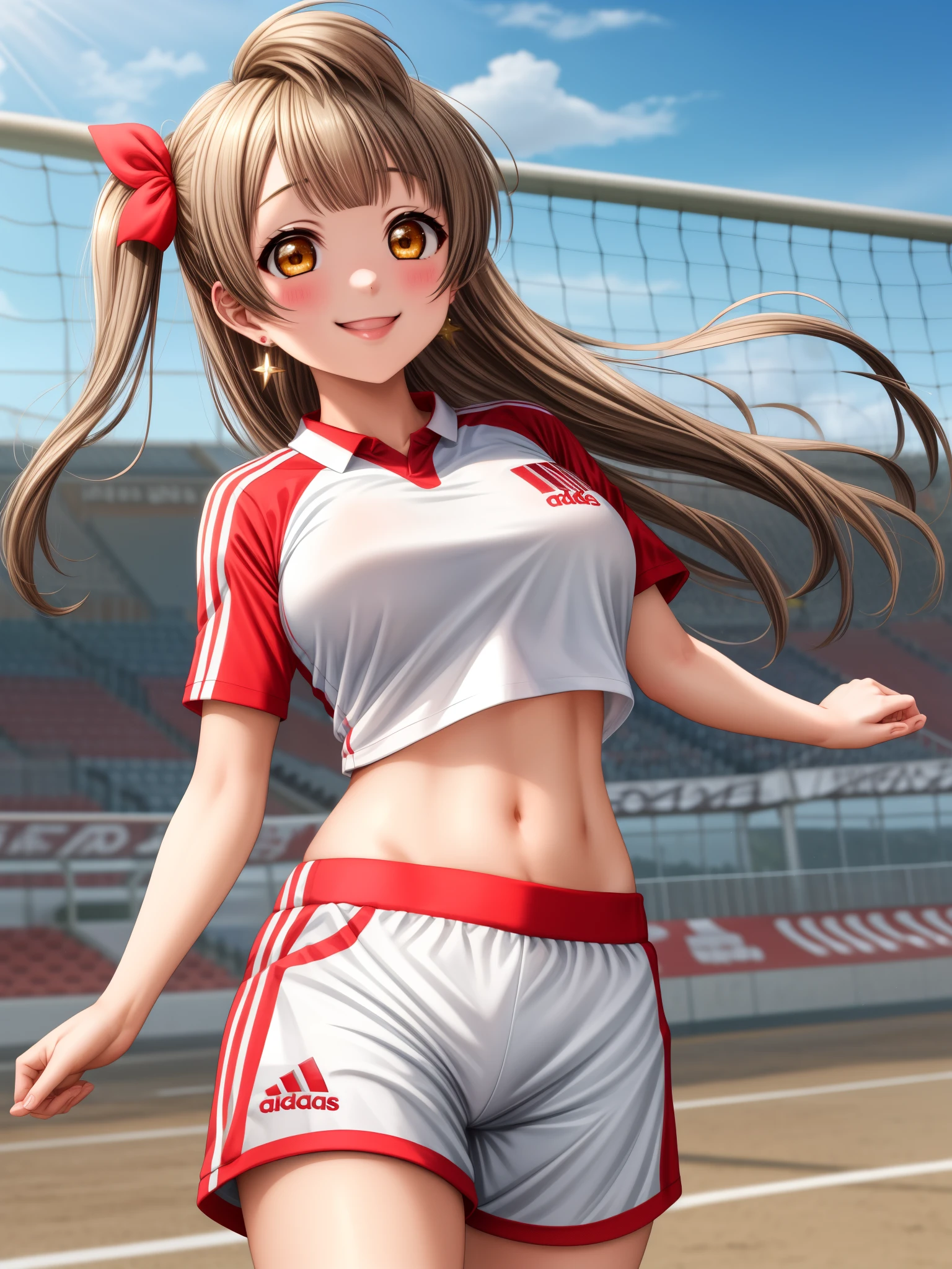 Masterpiece, best quality,Minami kotori, cowboy shot,1girl, smile, cropped shirt, earrings, white shorts,red sportswear, red soccer_uniform, soccer, adidas, breasts, midriff ,(busty:1.1)