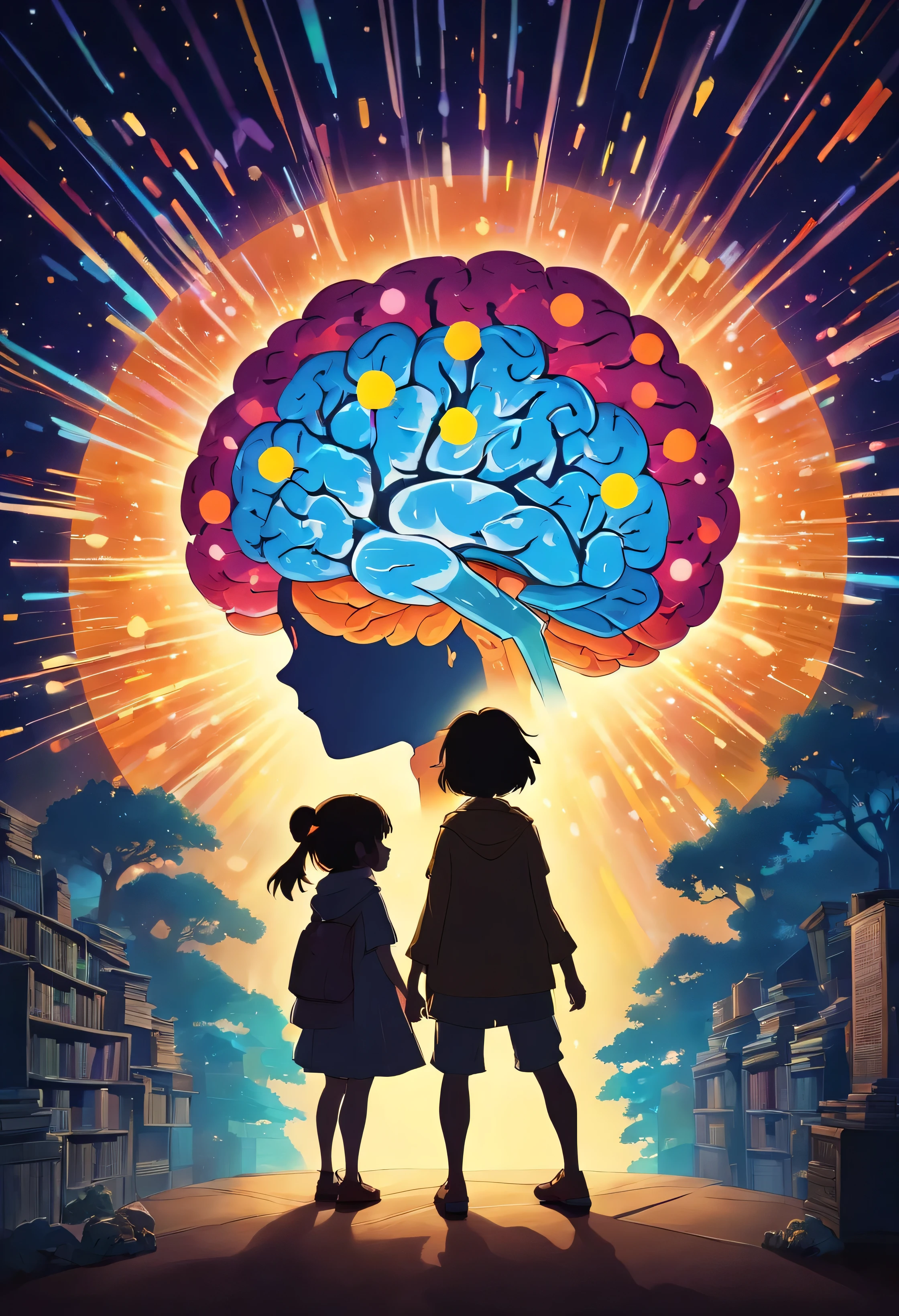 Silhouette or image of a brain with a bright dot in the center representing cognition or perception, complementado con elementos que simbolizan el conocimiento y el aprendizaje, como libros o una bombilla. 16:9