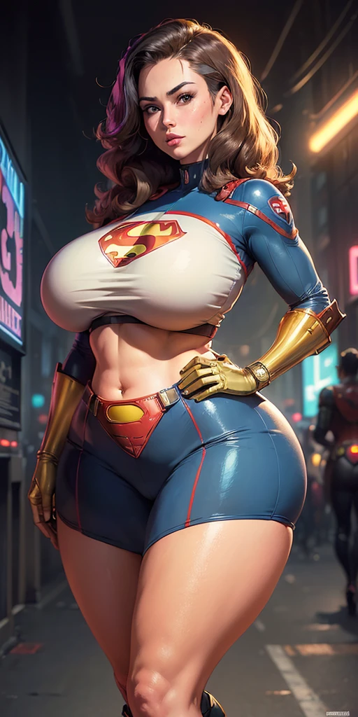 American World War II poster, Gil Elvgren style ((USA Poster, American Poster)) (((A young woman with straight dark hair long size up to her waist in superhero pose))) ((detailed outfit entirely red with gold)) (cars in the background of the image) (((robotic left arm)) (((cyberpunk arm))propaganda Poster, hero uniform, SUPERGIRL UNIFORM, 1 girl, solo, good body, poster design, poster art style. 1980s, 1950s, 1960s, 1940s, basic color scheme, very colorful poster, colorful art, third rule, inspiring, woman, 1 25-year-old girl, hair blowing in the wind, looking at the viewer, blurred background, thick legs, green eyes, (wide hips:1.2), (chubby:1.2), (huge breasts:1.3),