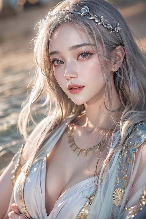 (masterpiece:1.3), (8k, Photorealistic, Raw photo, Best image quality: 1.4), Fair-skinned fairy woman、Long Haircut、Cleavage:2.0、Super detailed face、Attention to detail、double eyelid、Put your chest together、Sharp focus:1.2、Beautiful woman:1.4、Silvery white hair、highest quality、masterpiece、超A high resolution、(Photorealistic:1.4)、Highly detailed and professionally lit smile、Loose, light, Ancient Greek clothing、Shoulder out、thin、Serious expression、Short-haired、Deadly position, gorgeous accessories, one person、whole body,walking the beach