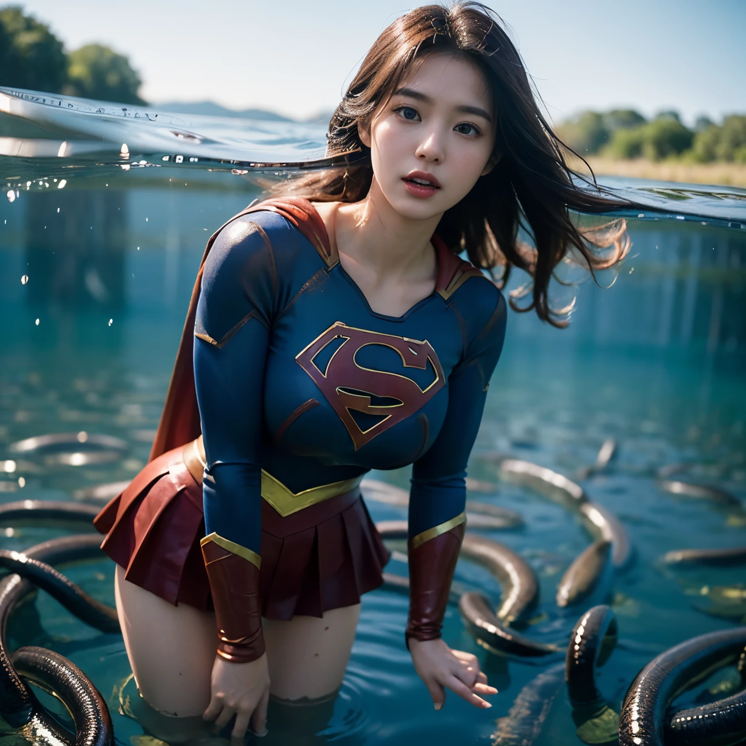 Beautiful Supergirl portrait、(Accurate Supergirl costume:1.3)、Glaring at the enemy、Open your mouth、Thigh、(Emphasize large breasts:1.3)、Studio shot、White background、Sunlight、front、Swamp、(Countless slugs crawling on my body:1,6)、(Slugs in the mouth:1.6)、