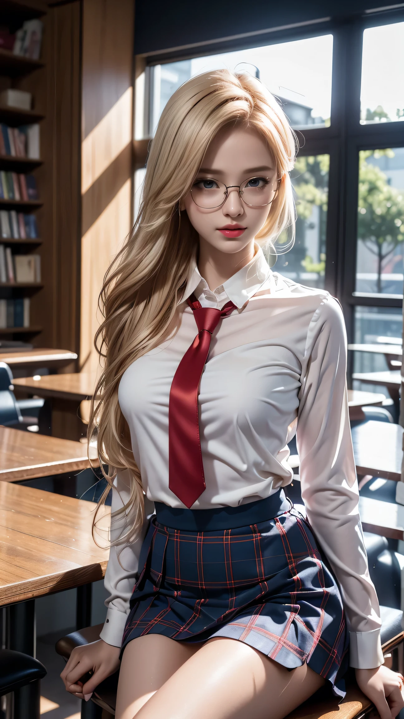 ((Girl sitting on chair in library))、Best quality work,Actual work,Ultra Premium Graphics,8K HD CG Works,High quality graphics,High-definition CG works,10x pixels,Extremely fine detail:1.1,Advanced Technical Details:1.1 Photorealistic,Indoor lighting effects:1.5,Natural light:1.5. Light effects(virtual Light effects:1.8),((Golden white short hair))、(Bob Hair), Thin eyebrows,High nose, Nice red lips, Rose Cheeks, A face with subtle makeup , Cute face, perfectly balanced face,(girl in school uniform),A light-toned foundation enhances the clarity of your skin.、,((White blouse、Red tie、Dark blue checked skirt)). 40k, photograph, Tabletop, highest quality, Rainy background, ((1 Gorgeous wet light haired girl with beautiful eyes, She has a beautiful face and wears glasses, )). White skin, Various poses.((Medium sized breasts,:1.1)), highest quality, Tabletop, Ultra-high resolution, (Realistic:1.4), RAWphotograph, (Perfect figure), (slim:1.3), Slim abdomen, Perfect slim figure, Dynamic Pose, alone, Cold light 12000K, Very detailed facial and skin texture, Fine grain, Realistic eyes, Beautiful fine grain, (Realistic Skin), Charm, 超A high resolution, Surreal, Very detailed,