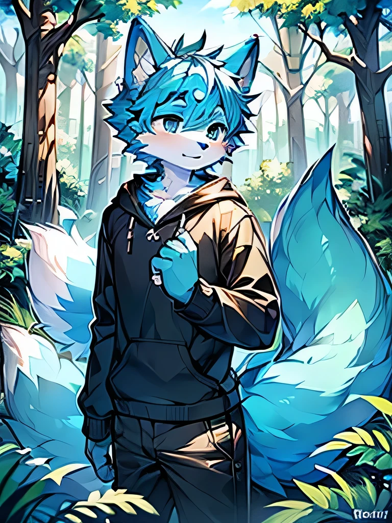 Solitary,little boy，Boys,anthropology,furry_male,Wolf_Boys,(blue_fur:1.3),(de tailed_Fluffy_fur),(intricate_de tail_Fluffy_fur),tuft,(Body_fur:1.2)Bright environment，masterpiece，visual lens，Natural expression，Background in the forest
