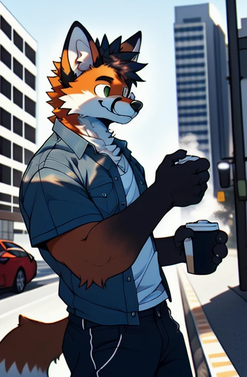 depth of fields,lighting perfect,light particules,(best qualtiy),(tmasterpiece),(ultra - detailed),Sharp focus,light particules,niji,red fox,The male,Middle age,Mature temperament,Eyes,green-eyed,hairy chest,Animal_Ear_vellus hair,Crossed waist with one hand,The upper part of the body,coda,short sleeved shirt,rays of sunshine,City,Mysterious smile,holding coffee,outside next to traffic