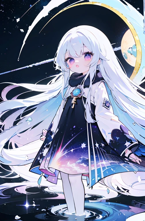 Anime girl with long white hair and purple eyes, super long hair，Splash art anime , azure lane style, Detailed key anime art, style of anime4 K, Clean and detailed anime art, Anime art wallpaper 4k, anime art wallpaper 4k, zerochan art, trending on artstation pixiv, Digital art on Pixiv, Detailed anime art, Pixiv style，The ultimate in starry sky color，meteor，Romantic cadenza，Halo，long skirt,Halo，stars，waning moon，starlight，(star:1.3),meteor，