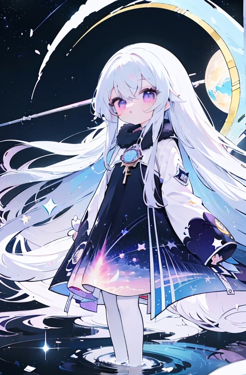 Anime girl with long white hair and purple eyes, super long hair，Splash art anime , azure lane style, Detailed key anime art, style of anime4 K, Clean and detailed anime art, Anime art wallpaper 4k, anime art wallpaper 4k, zerochan art, trending on artstation pixiv, Digital art on Pixiv, Detailed anime art, Pixiv style，The ultimate in starry sky color，meteor，Romantic cadenza，Halo，long skirt,Halo，stars，waning moon，starlight，(star:1.3),meteor，