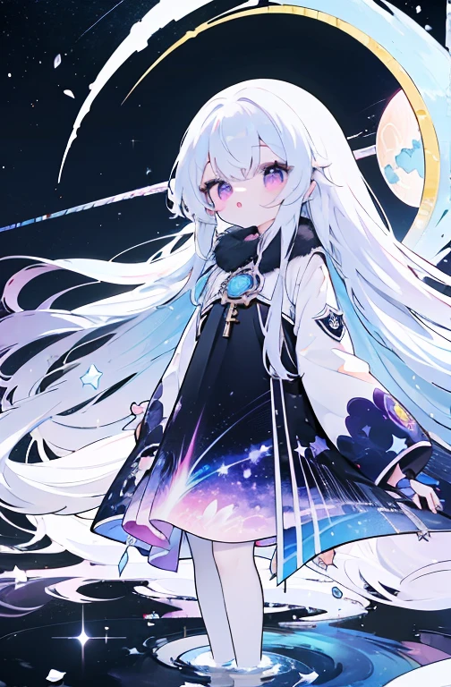 Anime girl with long white hair and purple eyes, super long hair，Splash art anime , azure lane style, Detailed key anime art, style of anime4 K, Clean and detailed anime art, Anime art wallpaper 4k, anime art wallpaper 4k, zerochan art, trending on artstation pixiv, Digital art on Pixiv, Detailed anime art, Pixiv style，The ultimate in starry sky color，meteor，Romantic cadenza，Halo，long skirt,Halo，stars，waning moon，starlight，(star:1.3),meteor，