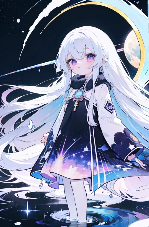 Anime girl with long white hair and purple eyes, super long hair，Splash art anime , azure lane style, Detailed key anime art, style of anime4 K, Clean and detailed anime art, Anime art wallpaper 4k, anime art wallpaper 4k, zerochan art, trending on artstation pixiv, Digital art on Pixiv, Detailed anime art, Pixiv style，The ultimate in starry sky color，meteor，Romantic cadenza，Halo，long skirt,Halo，stars，waning moon，starlight，(star:1.3),meteor，