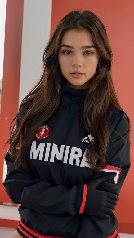 xoaeriel, a beautiful woman with wavy brown hair, ojos azules, nariz redonda, vistiendo un cohete de equipo,uniforme del equipo cohete,falda blanca,letra roja R,top corto,medias negras hasta el muslo,guantes negros hasta el codo,hiperealista