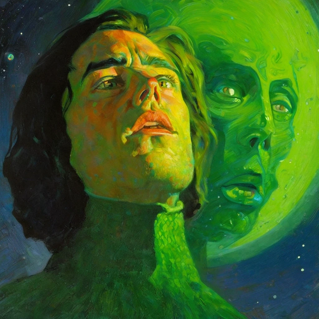 malcolm liepke painting on sensual illustration of an (highres:1.2),detailed portrait of a half-human, tall man from outer space, luminous aura, interior of an alien spaceship in detail, expressive look, green eyes, close-up, cinematic lighting, bright colors, particles of light, pulp poster art