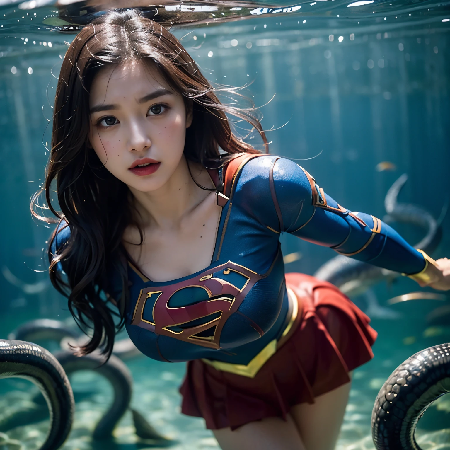 Beautiful Supergirl portrait、(Accurate Supergirl costume:1.3)、Glaring at the enemy、Open your mouth、Thigh、(Emphasize large breasts:1.3)、Studio shot、White background、Sunlight、front、Swamp、(Countless slugs crawling on my body:1,6)、(Slugs in the mouth:1.6)、