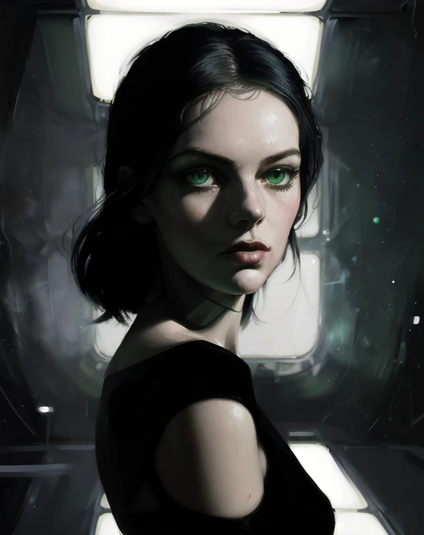 malcolm liepke painting on sensual illustration of an (highres:1.2),detailed portrait of a half-human, tall man from outer space, luminous aura, interior of an alien spaceship in detail, expressive look, green eyes, close-up, cinematic lighting, bright colors, particles of light, pulp poster art