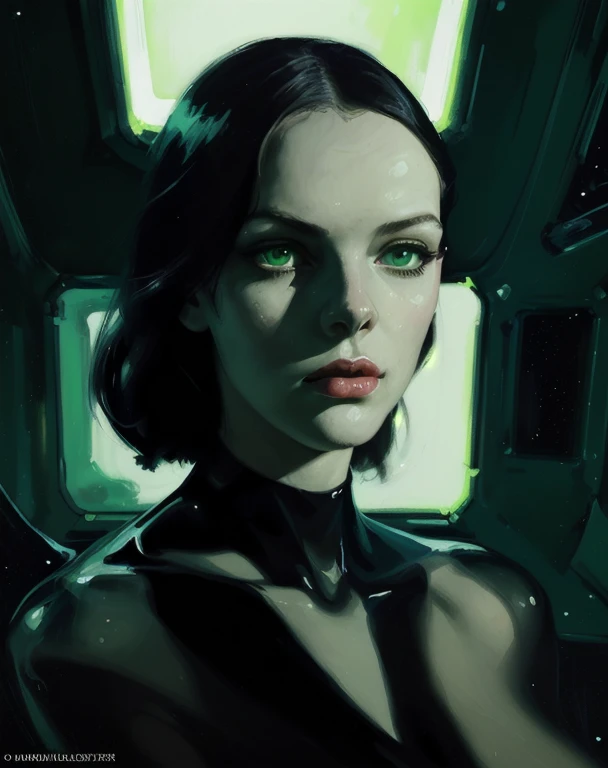 malcolm liepke painting on sensual illustration of an (highres:1.2),detailed portrait of a half-human, tall man from outer space, luminous aura, interior of an alien spaceship in detail, expressive look, green eyes, close-up, cinematic lighting, bright colors, particles of light, pulp poster art