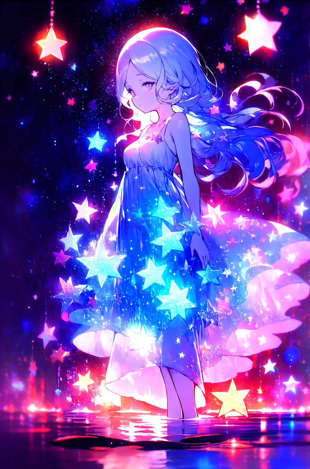 xcdd, dress, wading, star, water, sky, night, glowing, sparkle, star, night sky, backlighting, light particles, floating hair,, absurdres, ultra detailed, masterpiece, best quality, aesthetic, detailed,, serious, 1girl, (white eyes:1.1), (grey eyes:1.3), white hair, very long hair, parted hair, parted bangs, medium breasts,