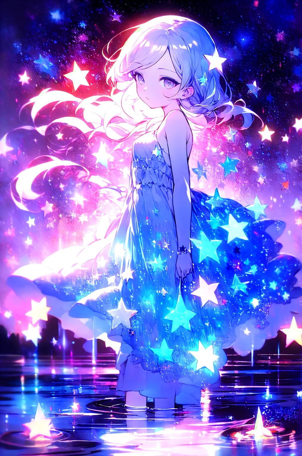 xcdd, dress, wading, star, water, sky, night, glowing, sparkle, star, night sky, backlighting, light particles, floating hair,, absurdres, ultra detailed, masterpiece, best quality, aesthetic, detailed,, serious, 1girl, (white eyes:1.1), (grey eyes:1.3), white hair, very long hair, parted hair, parted bangs, medium breasts,