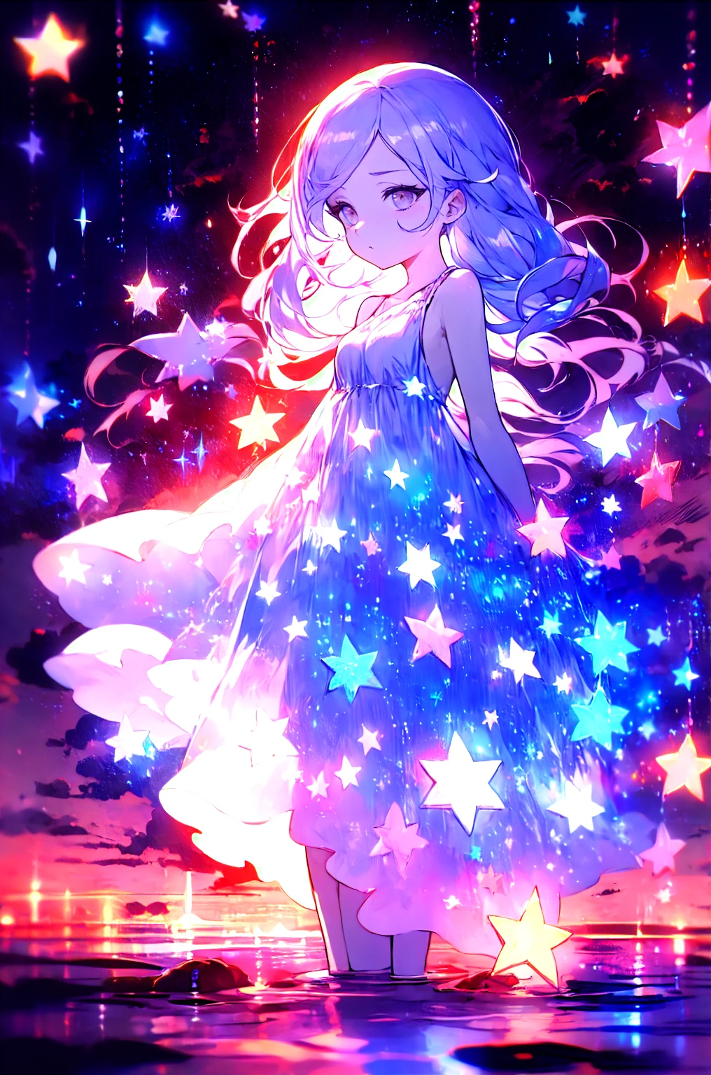 xcdd, dress, wading, star, water, sky, night, glowing, sparkle, star, night sky, backlighting, light particles, floating hair,, absurdres, ultra detailed, masterpiece, best quality, aesthetic, detailed,, serious, 1girl, (white eyes:1.1), (grey eyes:1.3), white hair, very long hair, parted hair, parted bangs, medium breasts,