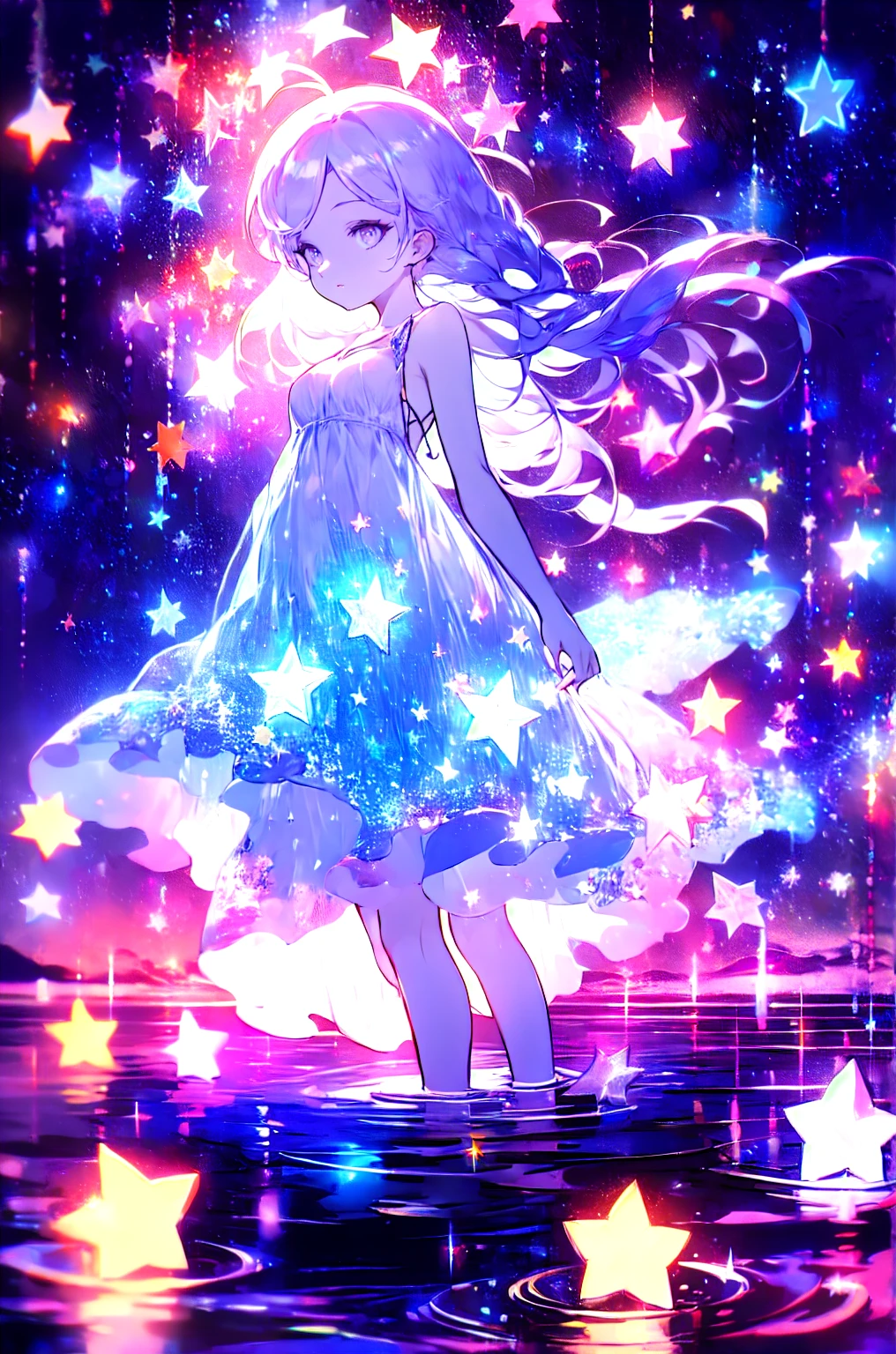 xcdd, dress, wading, star, water, sky, night, glowing, sparkle, star, night sky, backlighting, light particles, floating hair,, absurdres, ultra detailed, masterpiece, best quality, aesthetic, detailed,, serious, 1girl, (white eyes:1.1), (grey eyes:1.3), white hair, very long hair, parted hair, parted bangs, medium breasts,