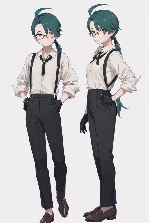 ((highest quality)), ((masterpiece)), (be familiar with),One girl,Chile,White Eyes,Earrings,Small breasts,Flat Chest,Black tie,透けているshirt,shirt,White shirt,suspenders,Black gloves,Black trousers,shoes,good looking,Glasses,,{Erect nipples}