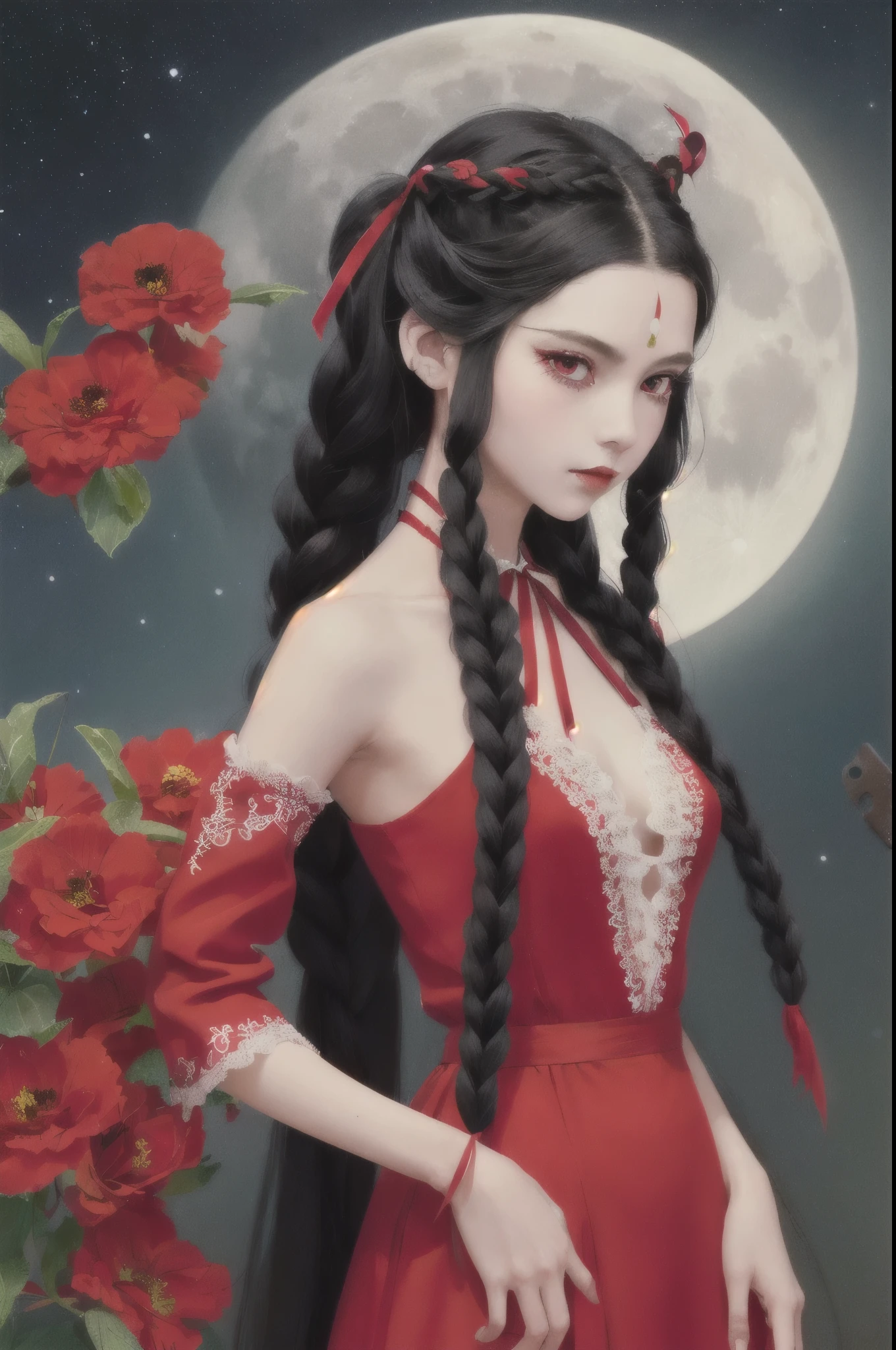low-braided long hair, very long hair, hair tucking, hand in hair, hair ribbon, braided tail, black hair, red eyes, red halter dress, lace,
moon, flowers,
(illustration), (masterpiece), (colorful:1.2), clear sharp focus, portrait, retro artstyle, tranditional media, detailed, xiaorenshu,