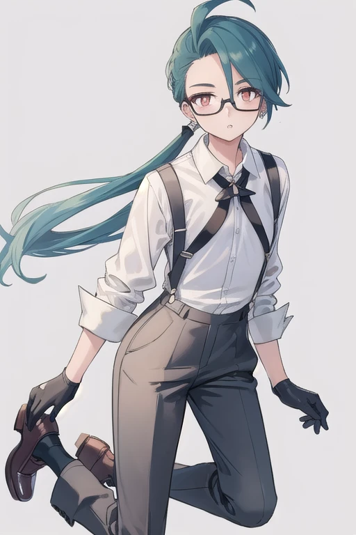 ((highest quality)), ((masterpiece)), (be familiar with),One girl,Chile,White Eyes,Earrings,Small breasts,Flat Chest,Black tie,透けているshirt,shirt,White shirt,suspenders,Black gloves,Black trousers,shoes,good looking,Glasses,