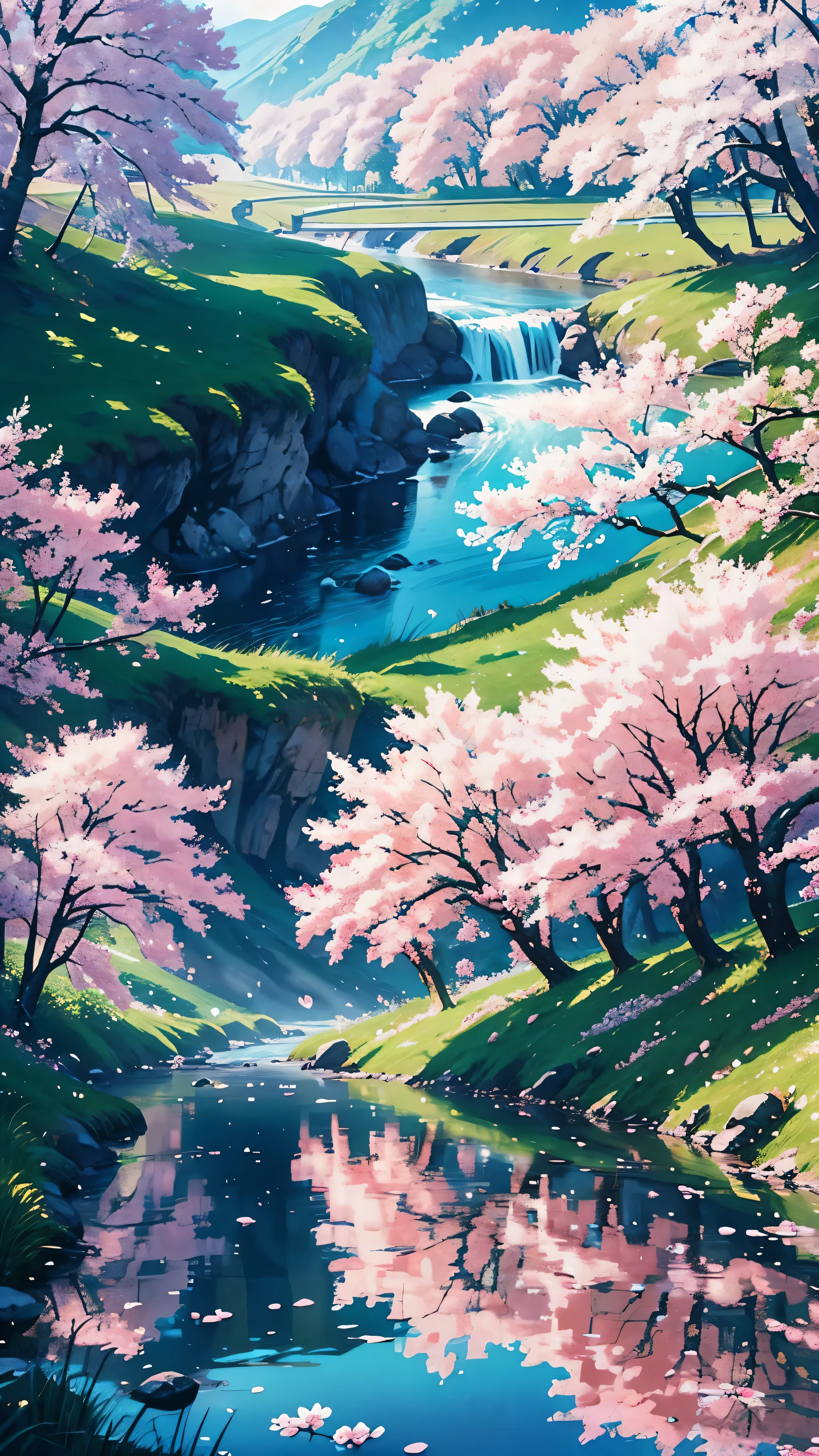 Draw a river with a small village, anime beautiful peace scene, very beautiful landscape, landscape artwork, landscape art detail, very beautiful digital art, beauty of natural landscape, beautiful art UHD 4 K, very beautiful photos, beautiful nature, landscape wallpaper, really beautiful nature, beautiful digital artwork, beautiful background, cherry blossom trees, anime style