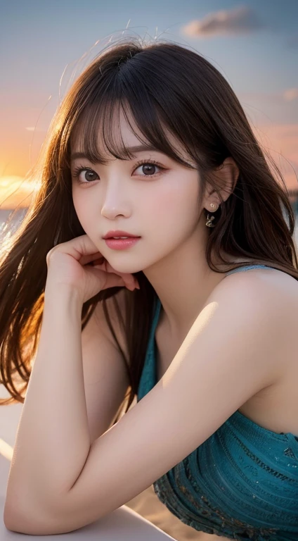 masutepiece, Best Quality, Illustration, Ultra-detailed, finely detail, hight resolution, 8K Wallpaper, Perfect dynamic composition, Beautiful detailed eyes, Wear a dress, Natural Color Lip,Beach, Random and cute poses, flowing bangs, Sunset，，beauty legs,KPOP Idol Face,Perfect and beautiful face,Cute