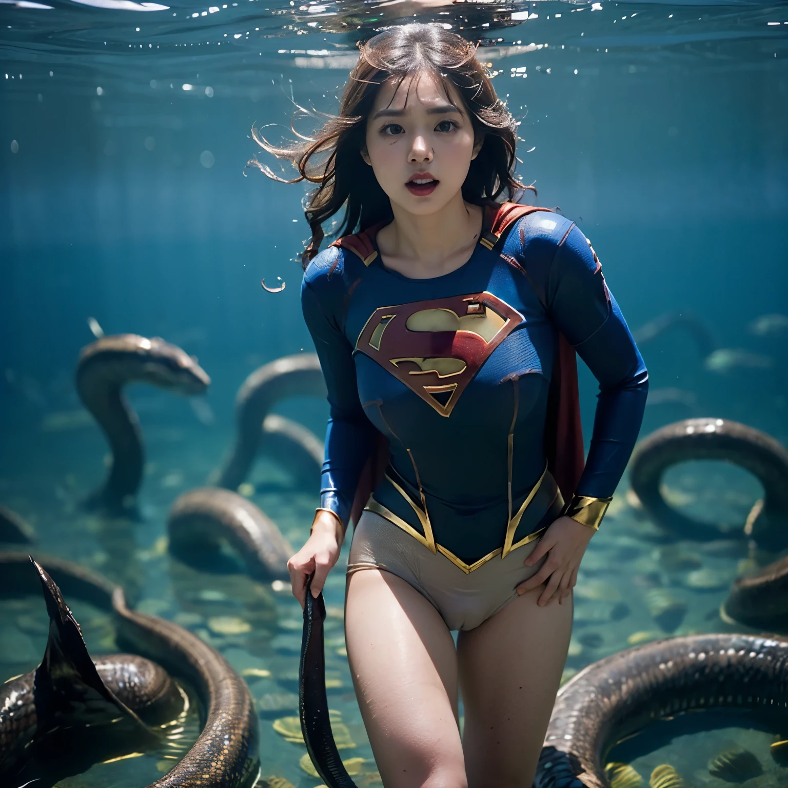 Beautiful Supergirl portrait、(Accurate Supergirl costume:1.3)、Glaring at the enemy、Open your mouth、Thigh、(Emphasize large breasts:1.3)、Studio shot、White background、Sunlight、front、Swamp、(Countless slugs crawling on my body:1,6)、(Slugs in the mouth:1.6)、