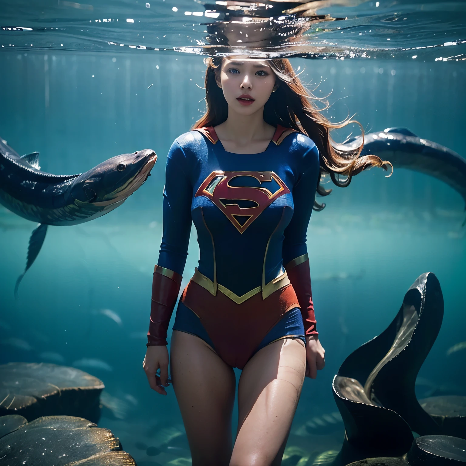 Beautiful Supergirl portrait、(Accurate Supergirl costume:1.3)、Glaring at the enemy、Open your mouth、Thigh、(Emphasize large breasts:1.3)、Studio shot、White background、Sunlight、front、Swamp、(Countless slugs crawling on my body:1,6)、(Slugs in the mouth:1.6)、