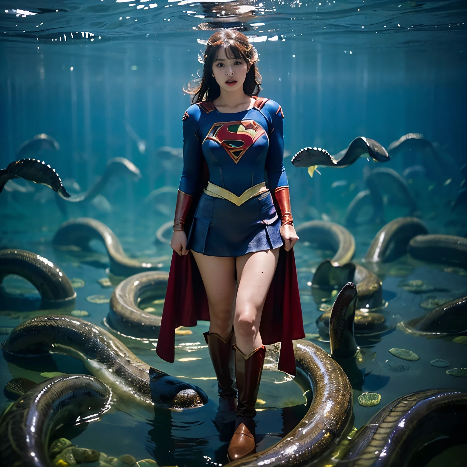 Beautiful Supergirl portrait、(Accurate Supergirl costume:1.3)、Glaring at the enemy、Open your mouth、Thigh、(Emphasize large breasts:1.3)、Studio shot、White background、Sunlight、front、Swamp、(Countless slugs crawling on my body:1,6)、(Slugs in the mouth:1.6)、