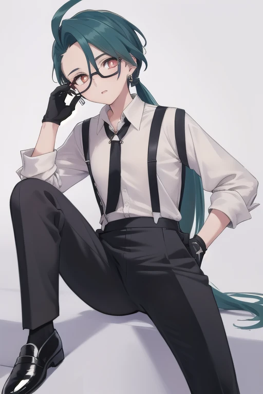 ((highest quality)), ((masterpiece)), (be familiar with),One girl,Chile,White Eyes,Earrings,Small breasts,Flat Chest,Black tie,shirt,White shirt,suspenders,Black gloves,Black trousers,shoes,good looking,Glasses,