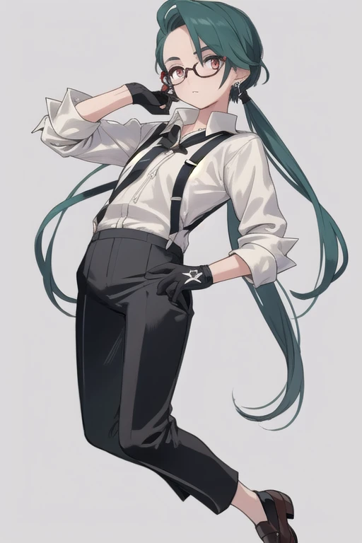 ((highest quality)), ((masterpiece)), (be familiar with),One girl,Chile,White Eyes,Earrings,Small breasts,Flat Chest,Black tie,shirt,White shirt,suspenders,Black gloves,Black trousers,shoes,good looking,Glasses,