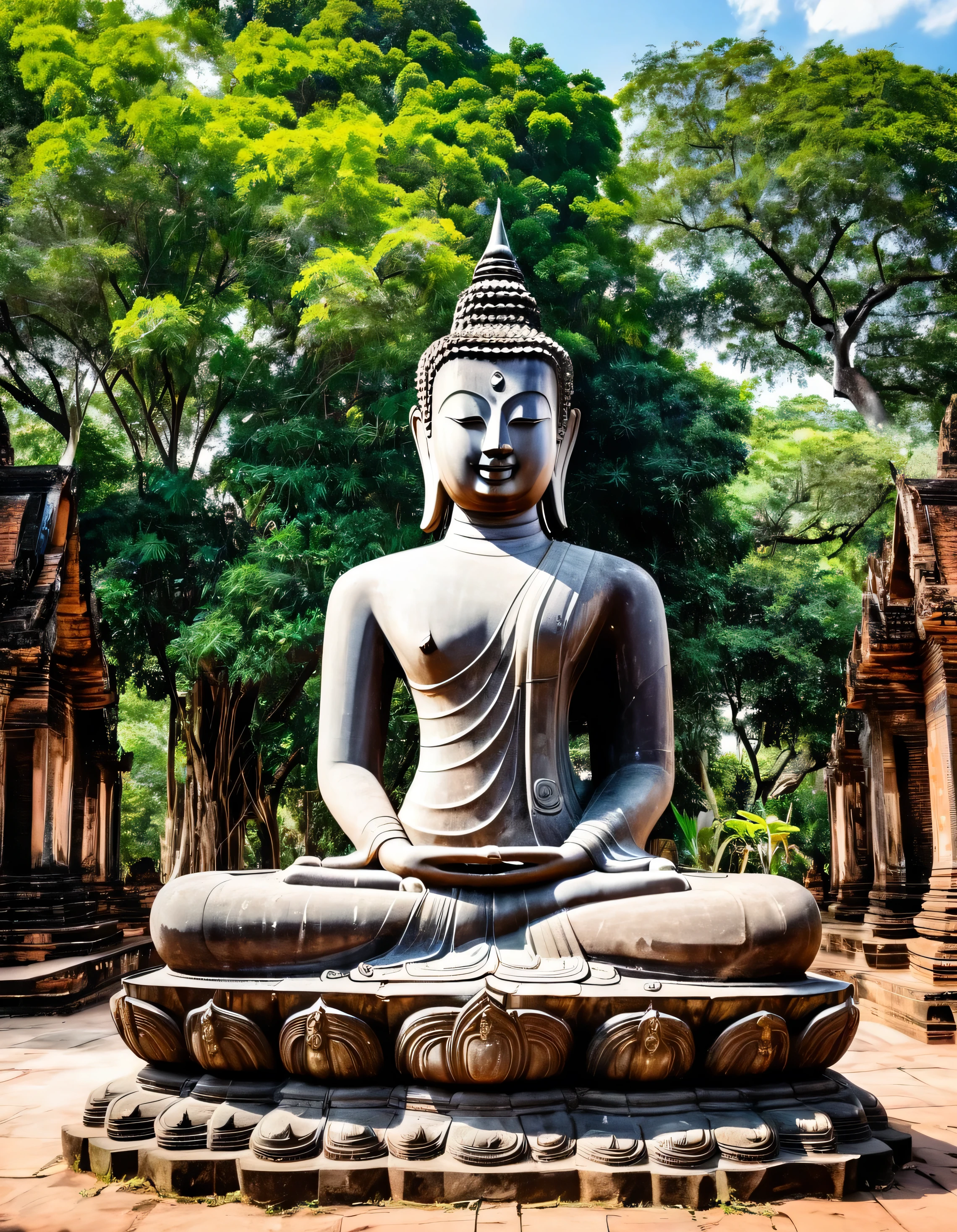 Ancient Thai Buddha,wide angle, all body show, Sculpture on the base space of elephant's faces. SukoThai Period