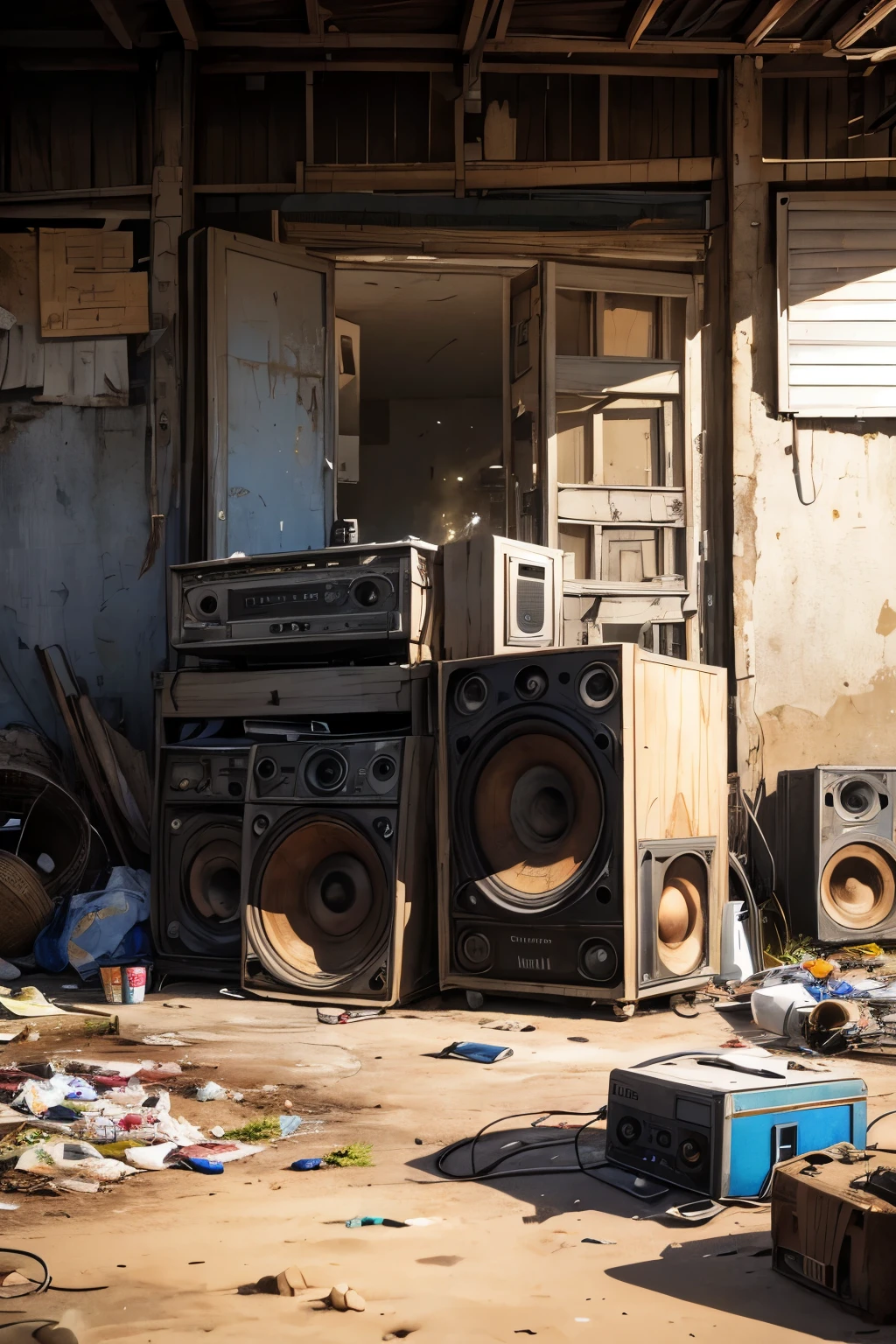 Music flows from an old, weathered speaker placed at a garbage dump: Within the desolate garbage dump, an aged speaker is placed, quietly playing music. This scene expresses the power of music to alleviate loneliness, while also demonstrating how music can connect people in any environment.