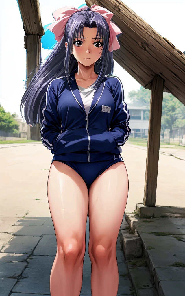 Momoko Koigakubo, a tall girl with beautiful legs, is standing blushing and with her mouth open in a white gym suit and navy blue bloomers that look like panties.。