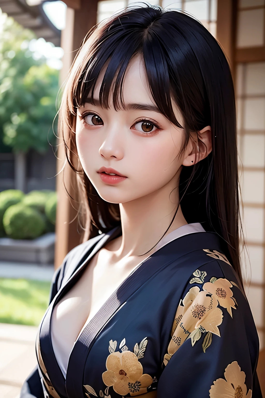 (1 nogizaka girl,raw photo,photo realistic:1.5),(best quality, high quality,HDR, highest quality,ultra high resolution,high resolution,high res,ultra high difinition,huge file size,8K,2K wallpaper,8K wallpaper,high quality texture,amazing,an extremely delicate:1.4),one girl, Japanese famous idol,beautiful face,small face,absurd,ridiculous,incredibly ridiculous,portrait,breasts close up,blurry background,(kimono,cleavage,no makeup:1.2),medium skin,beautiful skin,detailed skin,small head,black hair,silky hair,(Japanese eyes,almond eyes:1.5),detailed eyes,black eyes,Japanese idol eyes,Japanese nose,5-fingers,(eyebrow:-0.5),(Light Particles, Lens Flare, Luminous Particles: 0.7),looking at viewer,bright lighting,professional lighting,girl