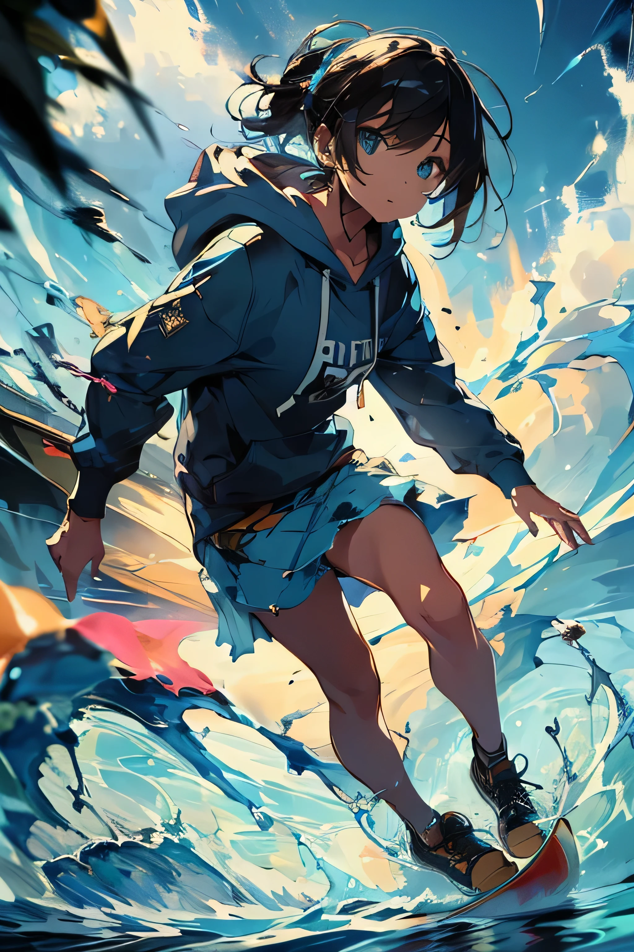 ((highest quality)), ((masterpiece)), (detailed), Perfect Face,Fair skin,Bob,hoodie,skateboard,Blue sky,from above