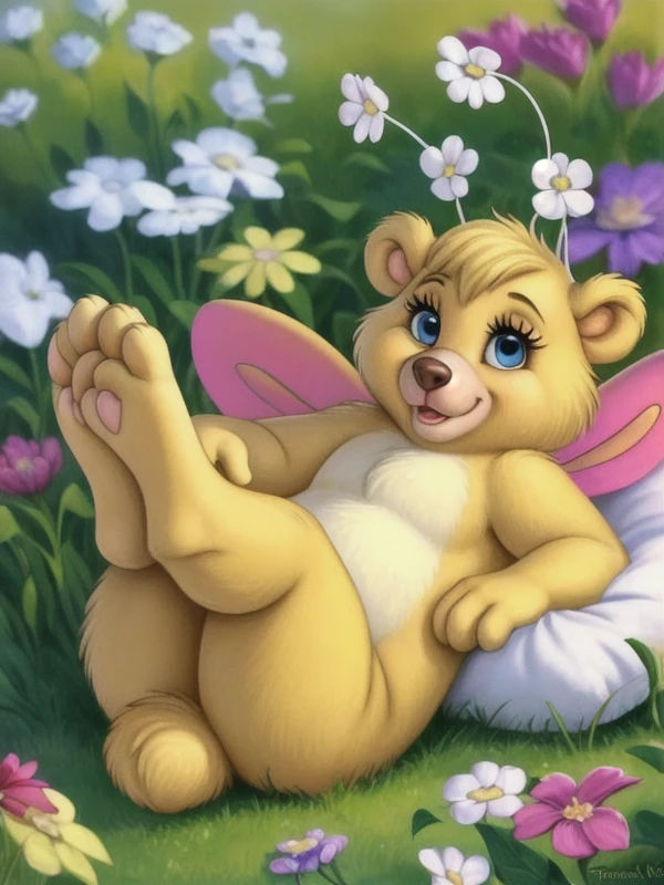 (by thomas kinkaid:1.2), solo, (butterbear), female, full body, (eyelashes:1.3), suggestive, seductive, white flower antennae_(anatomy), insect_wings, short stack, paws, furry, fluffy, (detailed fur, yellow white fur, thick fur:1.2), happy, looking at viewer, bedroom eyes, (three toes:1.3), laying on back, feet showing, legs up,
masterpiece, best quality, 8k, hi res, realistic, meadow, flowers, garden, trellis, full-body, butterbear, antennae_(anatomy), insect_wings, (blue eyes), short round tail, yellow fur, cute, adorable, beautiful, eyelashes, fluffy fur, fur tufts, short legs, short arms, pretty, seductive, slight smile, mouth open, loving, soft eyes, half-lidded eyes, looking at viewer, laying on back, feet sticking up, 3 toes, big feet, tongue hanging out, (flustered:1.2), masterpiece, best quality, realistic, seductive pose, on an elegant bed, elegant pillows, elegant bedroom, hearts, romantic lighting, by thomas kinkade,