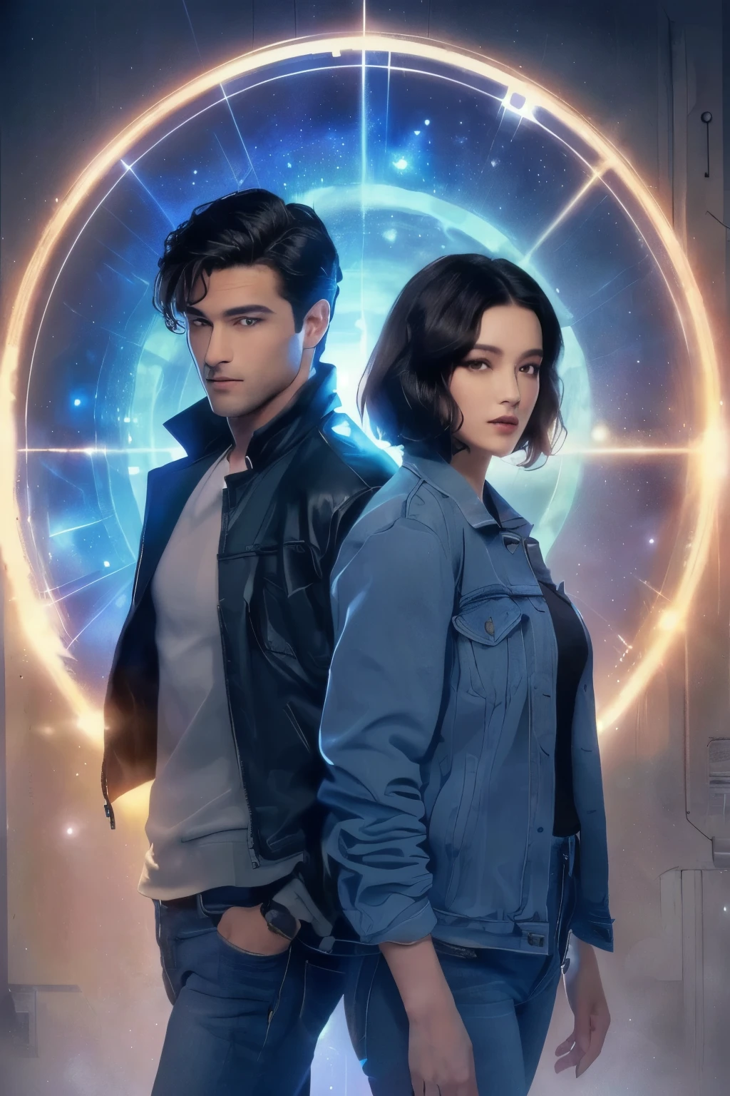 An image of a close-up of the upper body.A handsome man and a beautiful woman. Twenties. The man has short black hair. The woman has dark brown hair. He is wearing a jacket and jeans. A portal emitting a bluish-white light appears in the space behind the two. A masterpiece. 4K image quality.