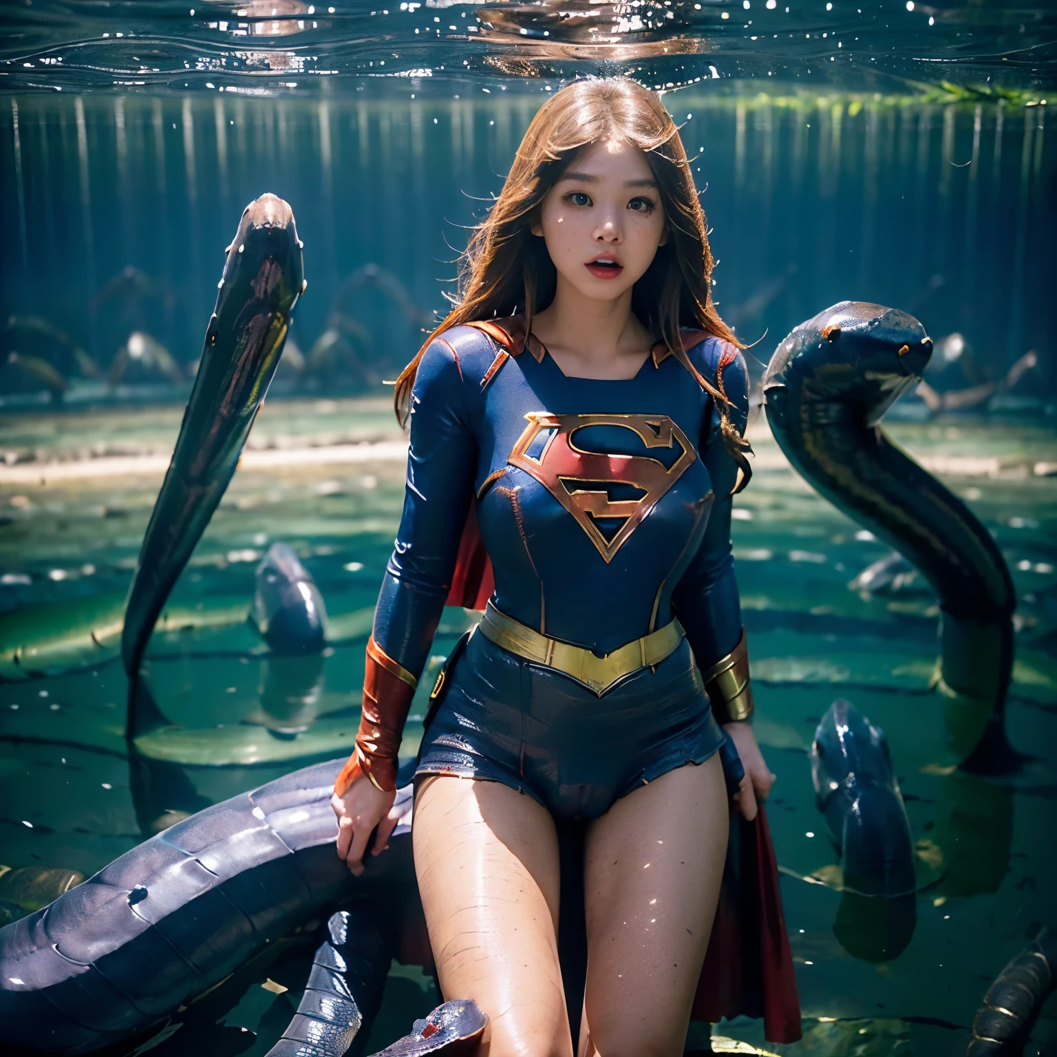 Beautiful Supergirl portrait、(Accurate Supergirl costume:1.3)、Glaring at the enemy、Open your mouth、Thigh、(Emphasize large breasts:1.3)、Studio shot、White background、Sunlight、front、Swamp、(Countless slugs crawling on my body:1,6)、(Slugs in the mouth:1.6)、