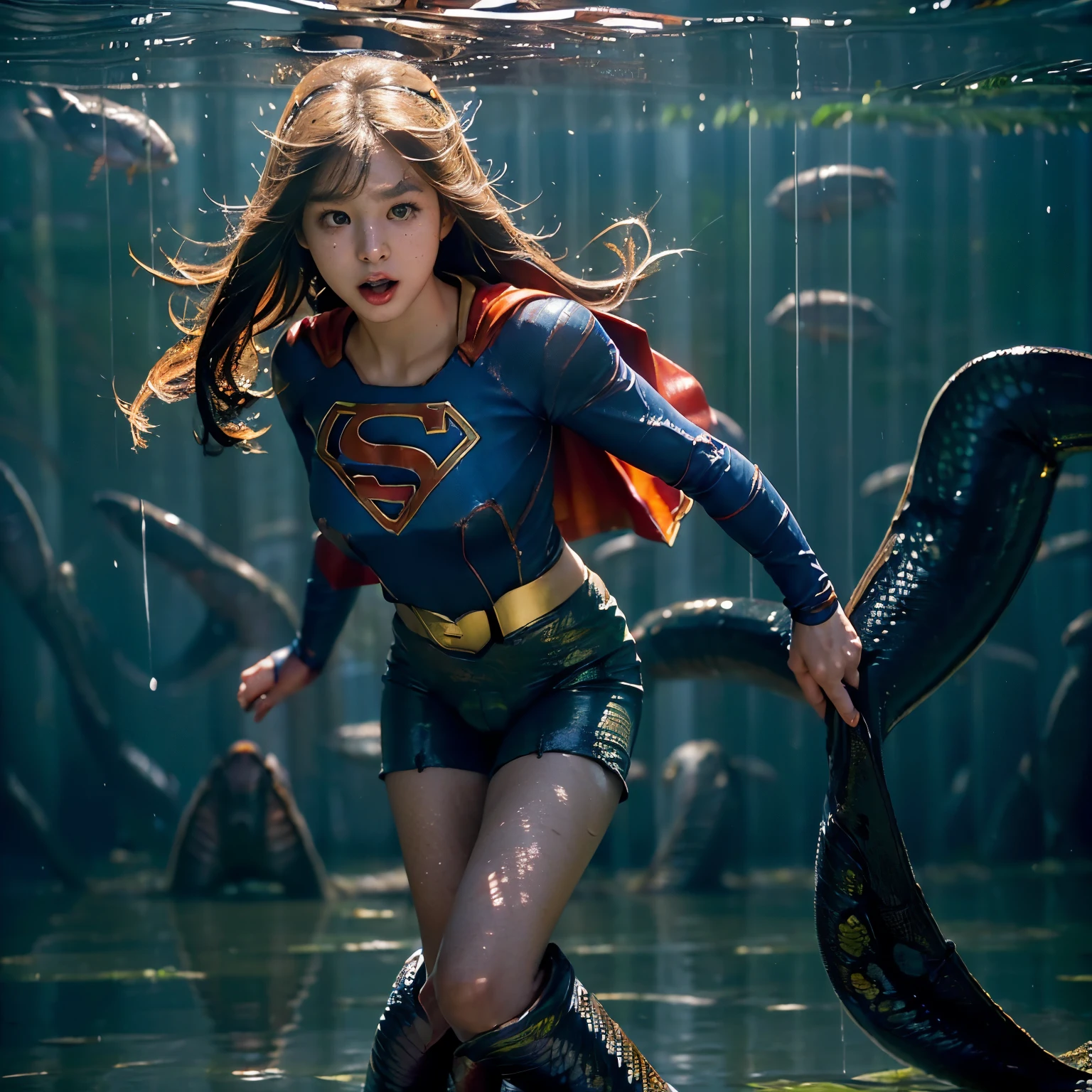 Beautiful Supergirl portrait、(Accurate Supergirl costume:1.3)、Glaring at the enemy、Open your mouth、Thigh、(Emphasize large breasts:1.3)、Studio shot、White background、Sunlight、front、Swamp、(Countless slugs crawling on my body:1,6)、(Slugs in the mouth:1.6)、