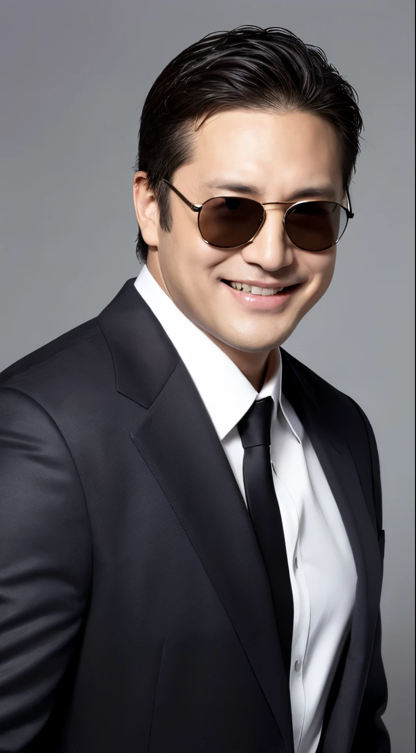 A middle-aged man wearing sunglasses and looking a little scary、Smiling while taking promotional photos。He was wearing a smart black suit.、He is wearing a white shirt and a black tie。The men's hair is trimmed and shaved.、bearded。His face is full of determination and confidence.。The place is like a cabaret club, with luxurious sofas and lighting creating a calm atmosphere.、It emphasizes the luxury of the place.。